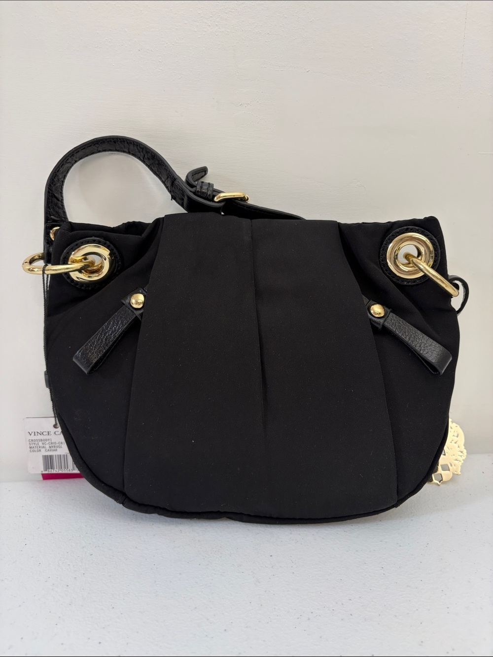 Vince Camuto Black Shoulder Bag with Gold-Tone Eyelets and Top Handle